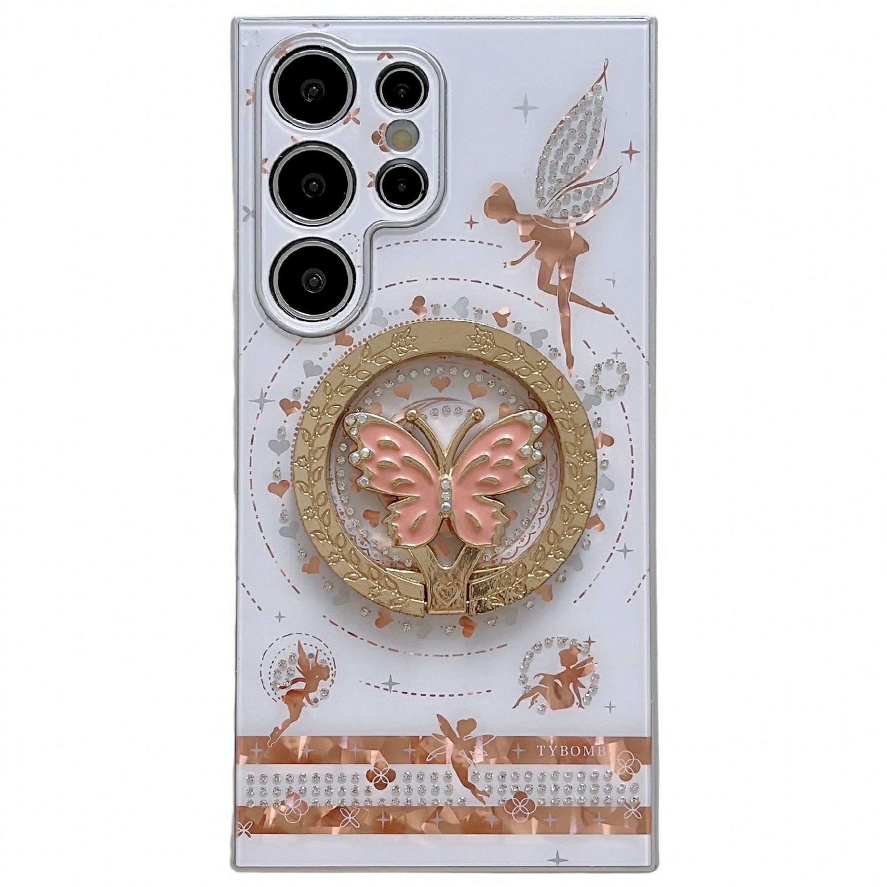 

For Samsung Galaxy S24 Ultra Magnetic Case Kickstand TPU+PC Phone Cover Butterfly Pattern Rhinestones Decor White