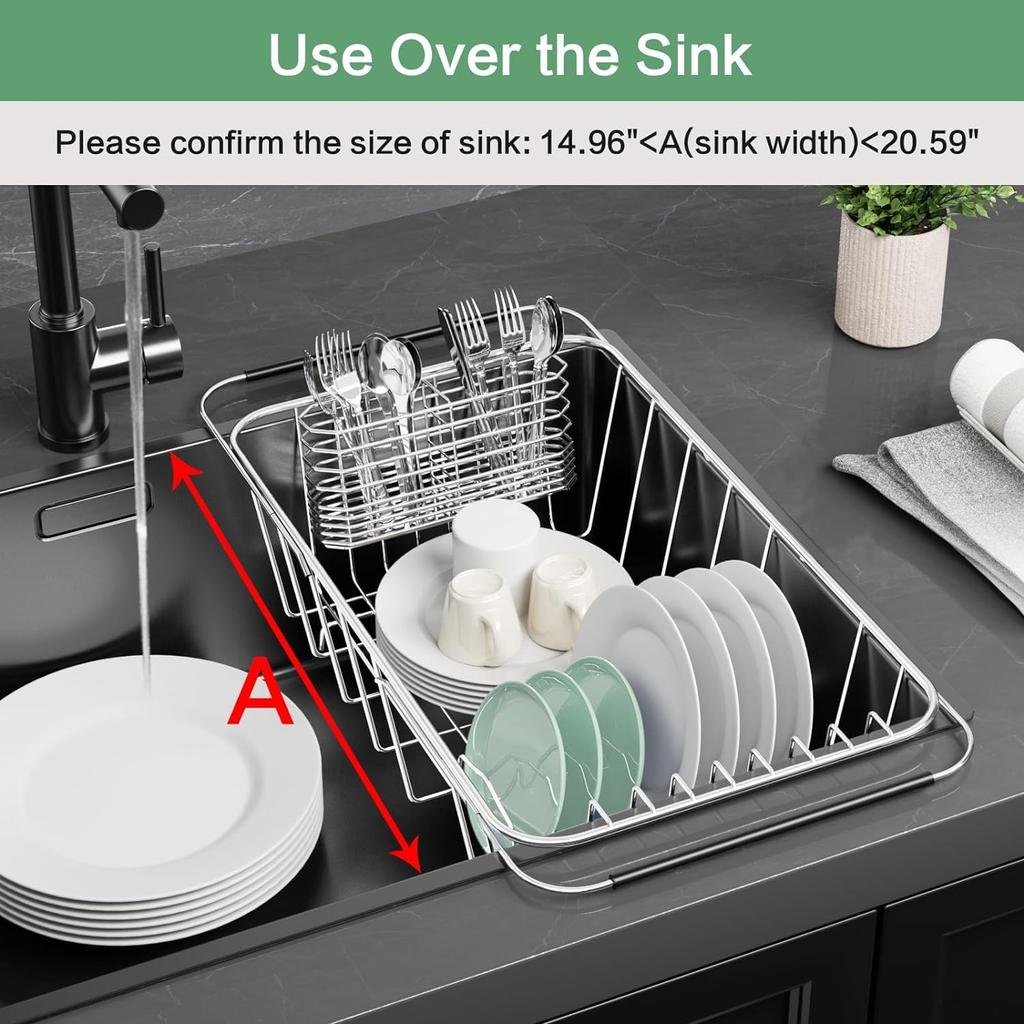 Drainer Expandable 304 Stainless Steel Metal Dish Drying Rack Organizer with Stainless Steel Dish Holder Inside the Sink In-sink Rack. Adjustable.