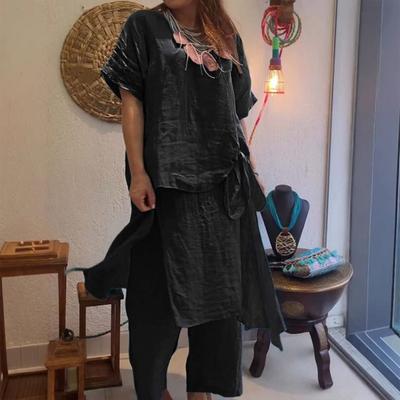 Women's Cotton Linen 2-Piece Outfit Short Sleeved Round Neck Tie Side Top And Overlay Wide Leg Pants Casual Lounge Set