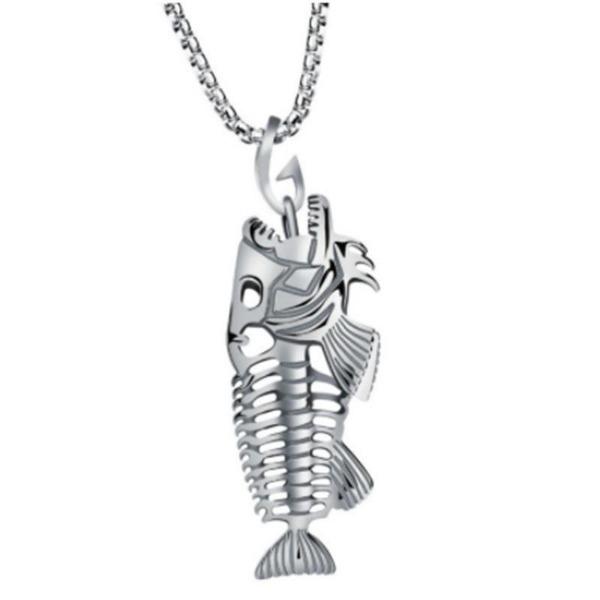 Fish Bone Fish Skeleton Pendant Surfer Chain Necklace Gold Black Unisex Jewellery