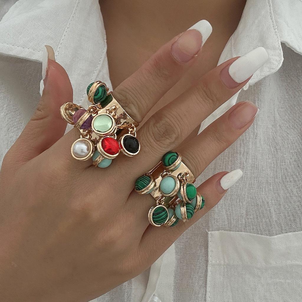 Colorful Stone Multi Pendant Tassel Bead Rings for Women Exaggerated Large Grunge Adjustable Finger Ring Geometric Jewelry Accessories Gift