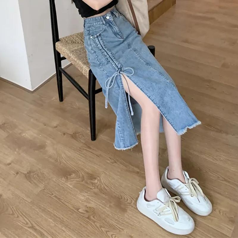 Džínové sukně pro ženy Gotická černá Ruched Boční rozpark Dlouhá džínová sukně Vysoký pas Letní Ležérní Streetwear sukně