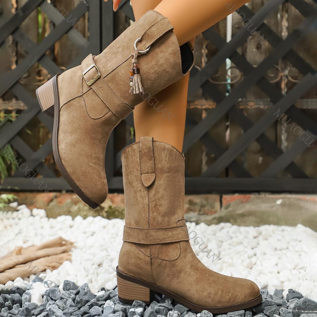 Autumn Winter Western Ankle Boots Women Suede Chelsea Women Shoes New Chunky Mid Heels Motorcycle Round-toed Botas Women