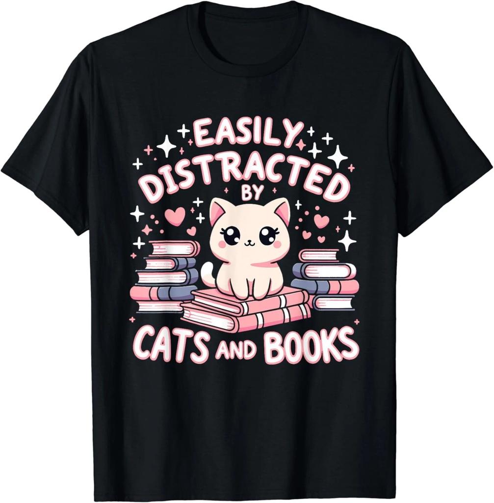 Easily Distracted by Cats and Books Cat Design Girls Gift Unisex T-Shirt