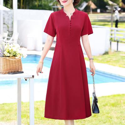 Women's Spring and Summer Thin Short Sleeved Thin Solid Colour V-neck Knee Length Casual Comfortable Dresses