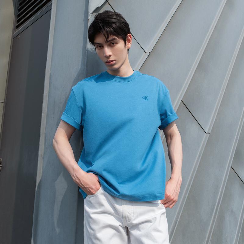 Calvin Klein Solid Color Embroidered Cotton Loose Short Sleeve T-Shirt Men Tops Blue 40HM229-CFG