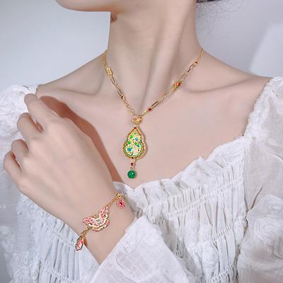 New Set Of Jewelry Necklace Water Droplet Bracelet Butterfly Shaped Enamel Craftsmanship Retro Chinese Style Fashionable Women's