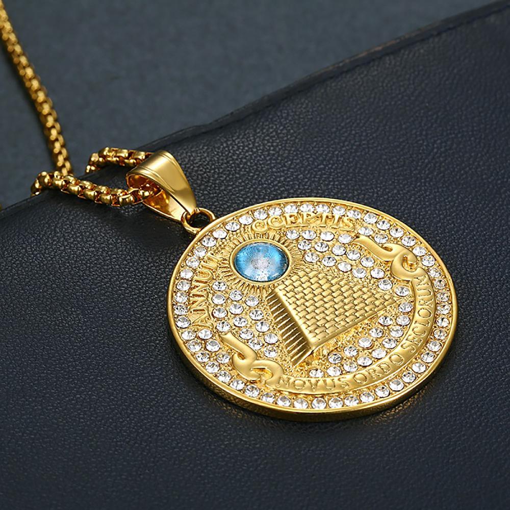 Ancient Egypt Pyramid All See Eye of Providence Pendant Gold Color Stainless Steel Round Necklace for Men Egyptian Jewelry Gift