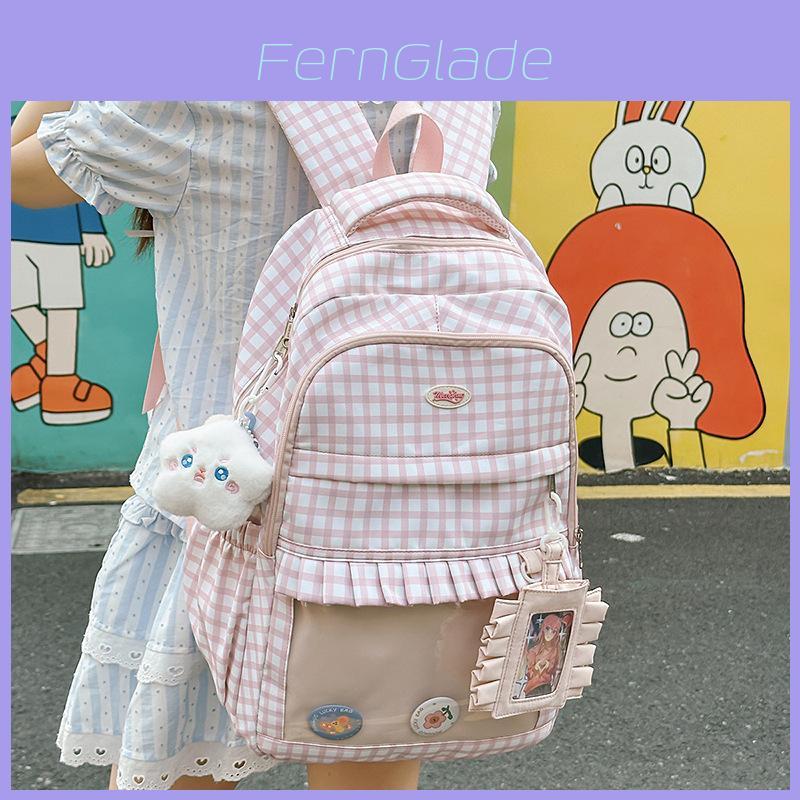 Sweet Checkered Pattern Lace Design Student Backpack With Plush Pendant For School And Daily Use