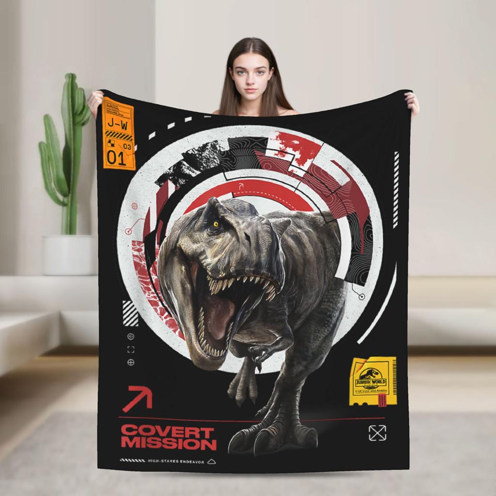 Jurassic T-Rex Grid World Blanket Flannel Spring/Autumn Logo Breathable Lightweight Throw Blankets for Travel Bedroom Quilt