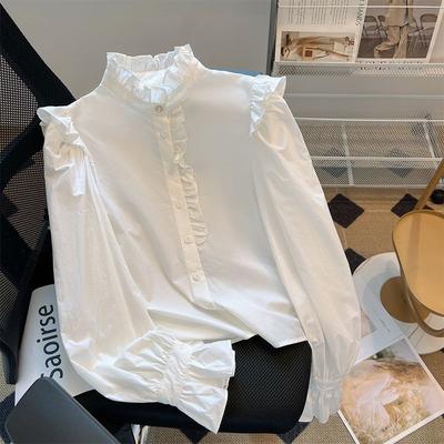 White Chic Ruffled Long Sleeve Women Shirts Spring Summer Female Blouses Casual Shirts Tops