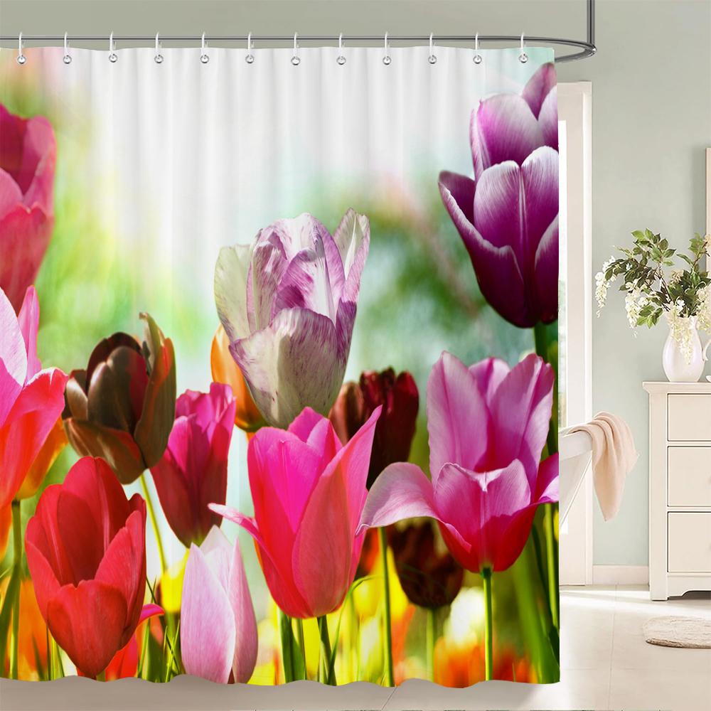 3d Tulip Fresh Flowers Shower Curtains Bathroom Waterproof Floral Bath Curtain Polyester Cloth With Hooks Decorative Bath Screen