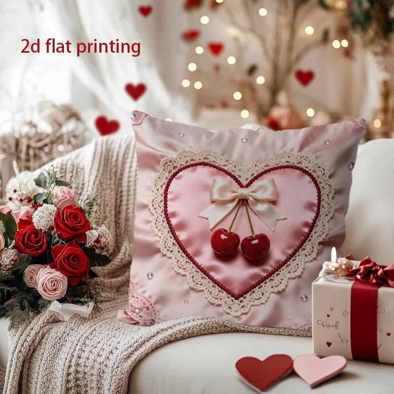 Heart-Shaped Pillowcase with Cherries and Bow Pattern Cushion Cover Suitable for Sofa Bedroom Car Pillow Cover