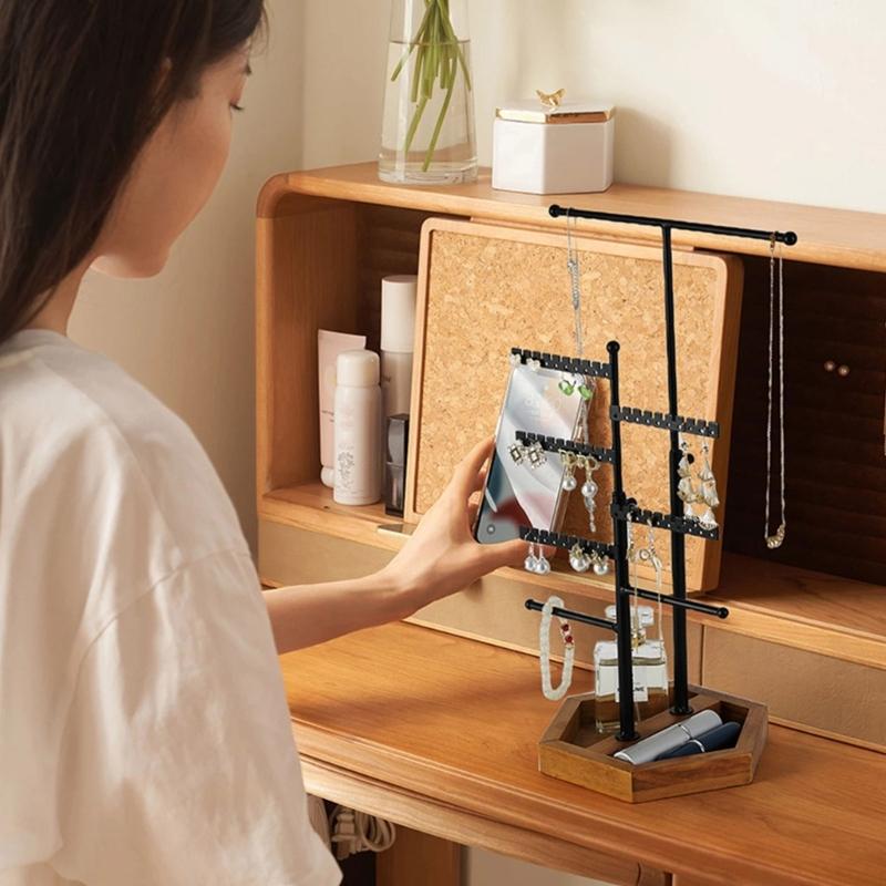 5-Tiers Jewelry Display Organizer Telescopic Earrings Necklaces Bracelets Holder with Wooden Tray Fashion Gift for Women