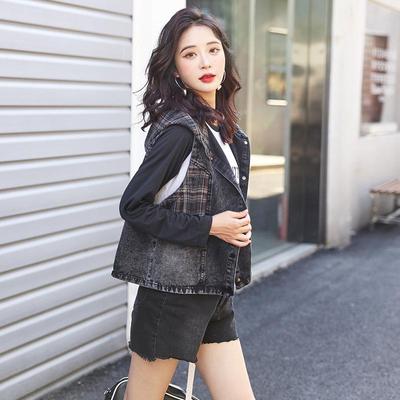 Gilet en denim à carreaux à capuche ample pour femmes printemps/été 2024