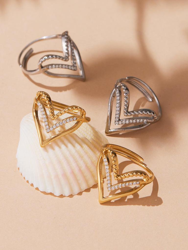 Unisex European-American Style Stainless Steel Zircon Heart Adjustable Pinky Ring