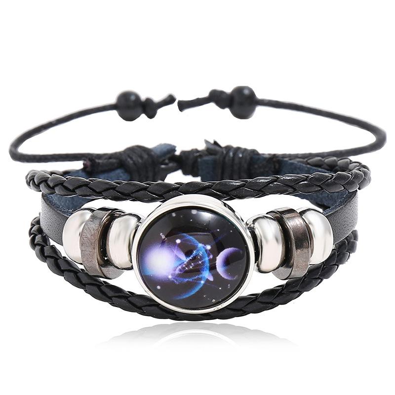 Cross-Border Hot-Selling Beaded 12 Zodiac Leather Bracelets, Popular Couple Gifts, Luminous Twelve Zodiac Starry Sky Bracelets