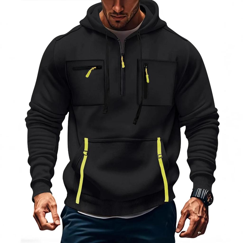 Men's Casual Sports Hoodie Fashion Pocket Zipper Hooded Sweatshirt Solid Color Loose Coat Outdoor Running Streetwear