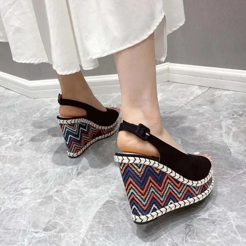 Fashion Sexy Peep Toe Wedge Sandals for Women Summer Fashion Platform High Quality Flock Buckle Strap Chunky Shoes Sandalias