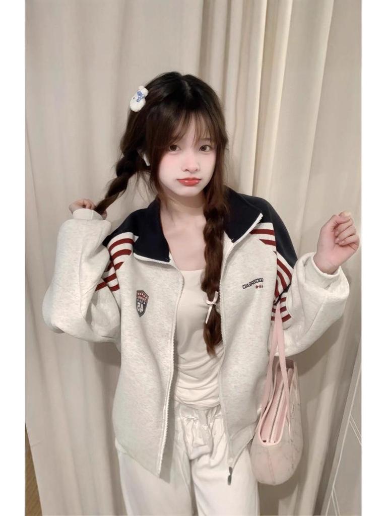 Women's Retro Stand-Up Collar Sweatshirt - Spring/Autumn Oversized Thin Jacket, Niche Design Baseball Style