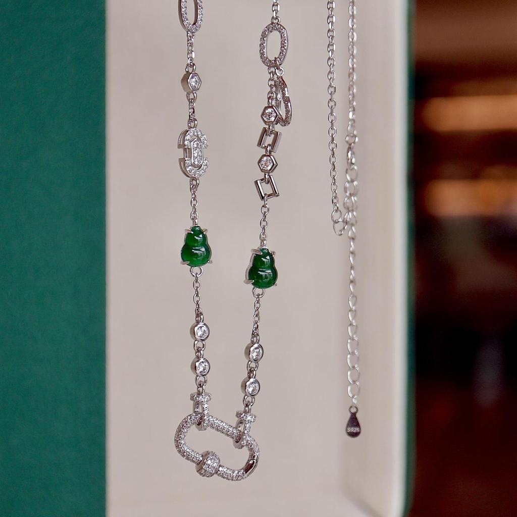 Natural Jade Gourd S925 Sterling Silver Necklace
