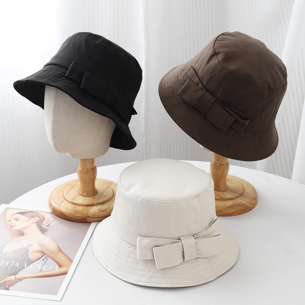 Autumn Retro Bow Deep Denim Bucket Hat Female Korean Solid Color Gentle Versatile Basin Hat Daily Casual Hat