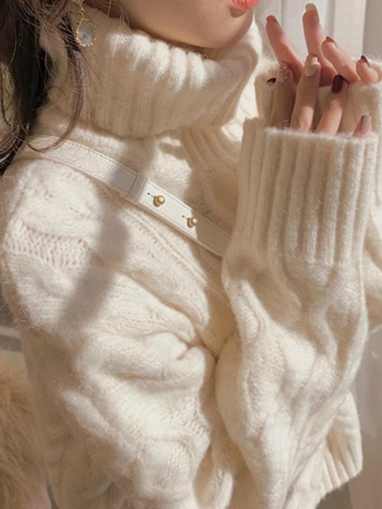 Women's Retro High-Neck Cable Knit Sweater - Loose Fit, Thickened for Autumn/Winter 2025