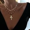 Vintage Pearl Cross Necklace With Geometric Pendant For Women