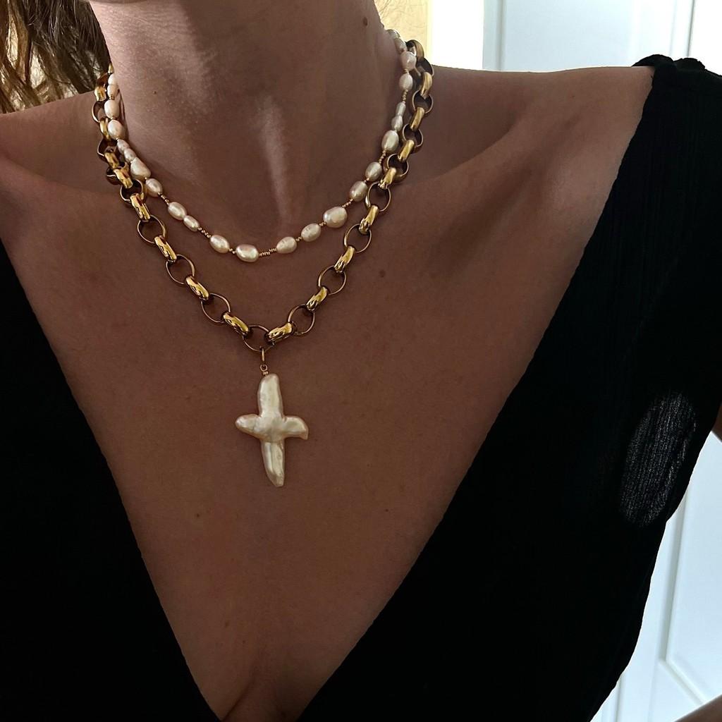 Vintage Pearl Cross Necklace With Geometric Pendant For Women