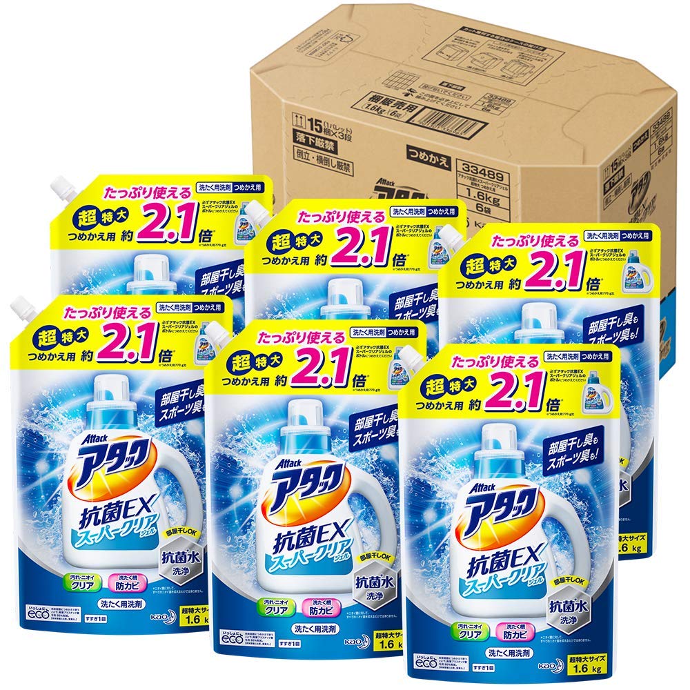 

Attack Antibacterial EX Super Clear Gel Стиральный порошок Жидкий Сменный блок Большая емкость x 6 шт. [Коробка продаж] 1,6 кг