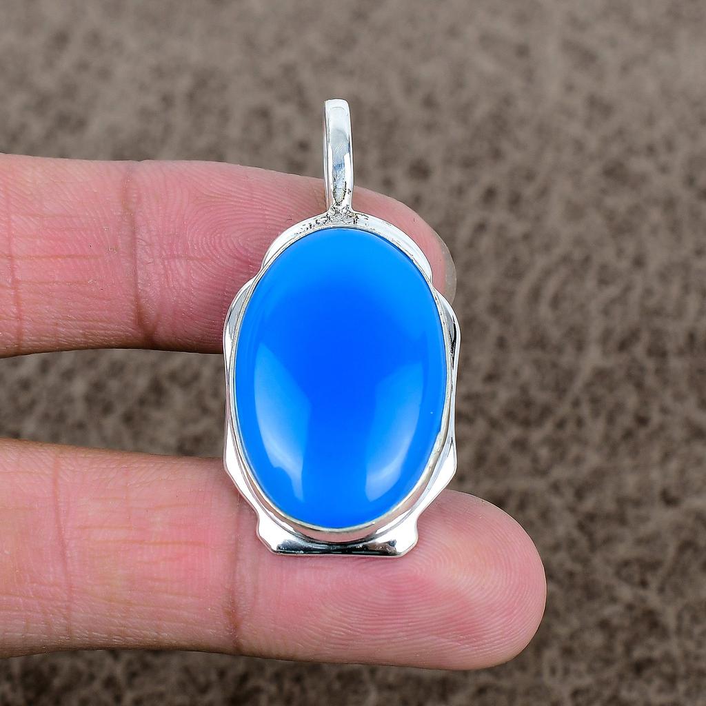 Blue Chalcedony Gemstone Handmade 925 Sterling Silver Jewelry Pendant 1.85" KKG-359