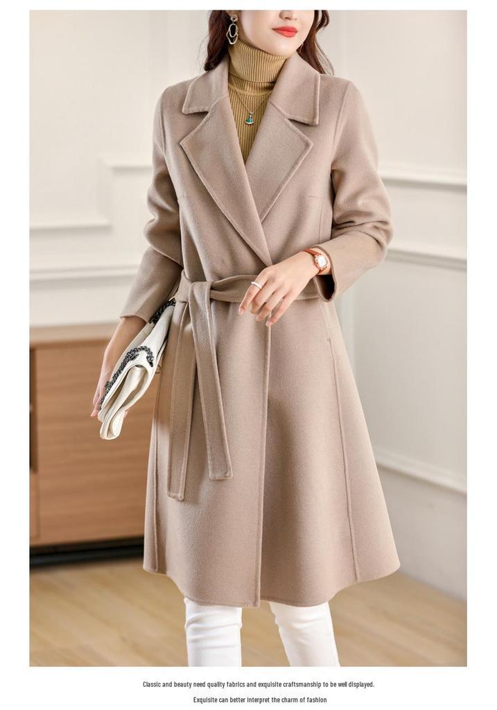 2025 Winter Women's Korean Style Mid-Length Belted Woolen Cashmere Coat
