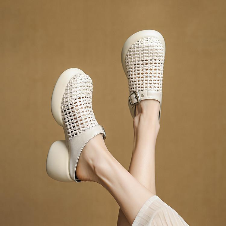 British round head hollow bag head slippers women's 2025 summer new woven thick-soled thick-heeled Muller shoes leather half slippers