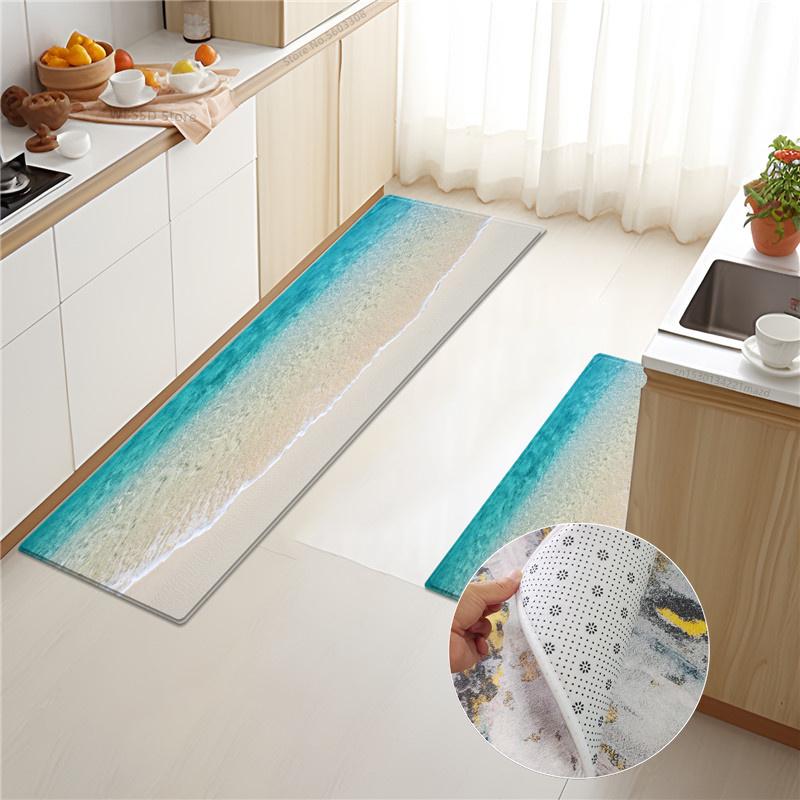 Marine Style Waves Rug For Kicthen Floor 3D Sea Print Kitchen Mat Set Sponge Material Bathroom Rug Absorbent Non-slip