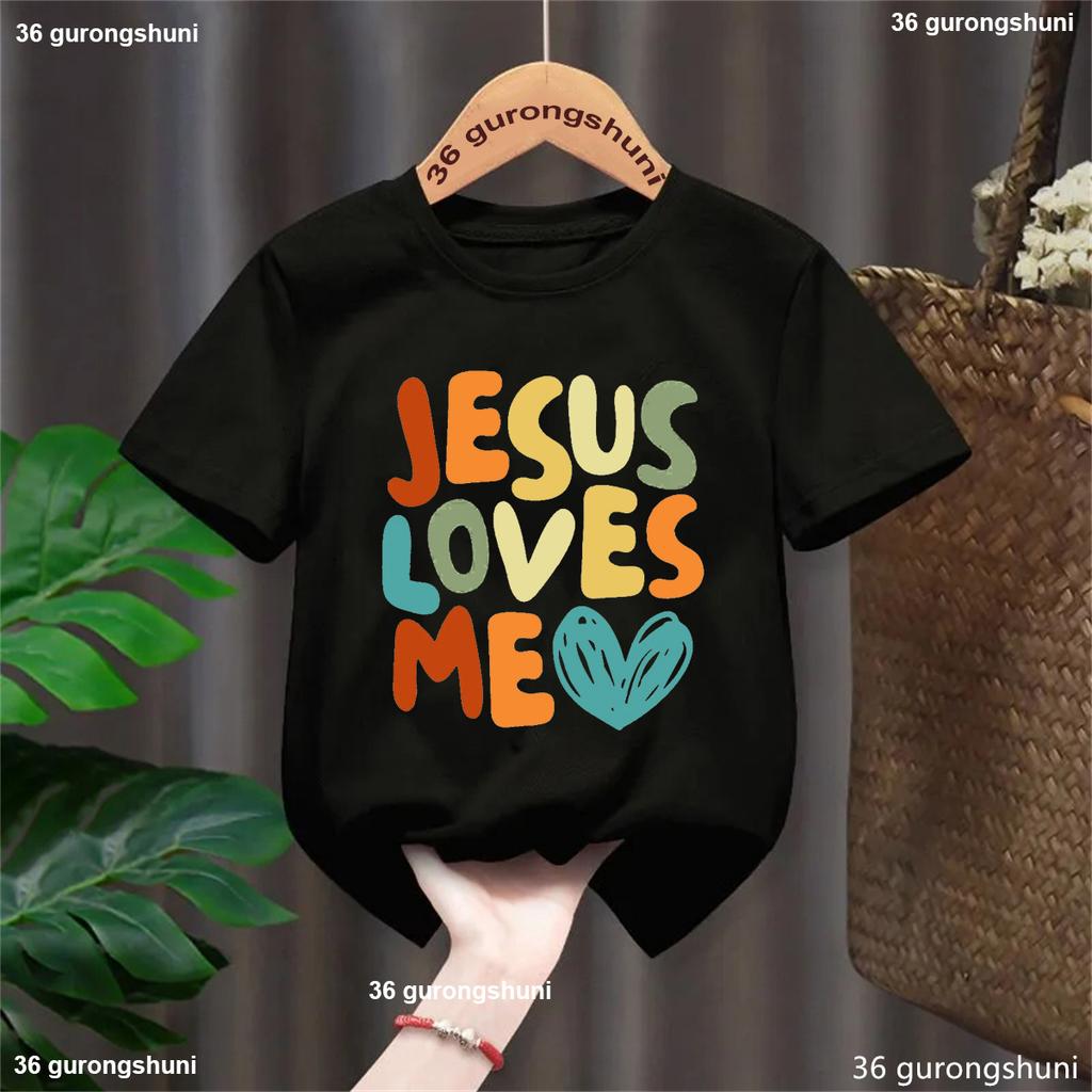 Lustiges Kawaii Kinderkleidung L Ich liebe Jesus Buchstaben bedrucktes T-Shirt Mädchen/Jungen Sommer Weiß/Schwarz/Rosa/Blau/Grau/Gelb T-Shirt