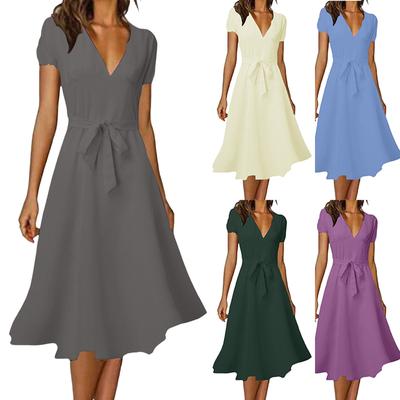 Women's New Fashionable And Sexy Solid Color V-Neck Dress With Slim Fit And Tie Up Big Swing Skirt A-line Skirt For Women