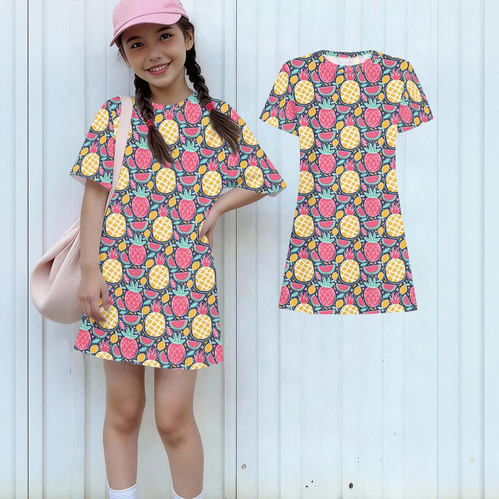 Girls Print Casual Dress Kids Loose Round Neck Short Sleeve Thin Sundress