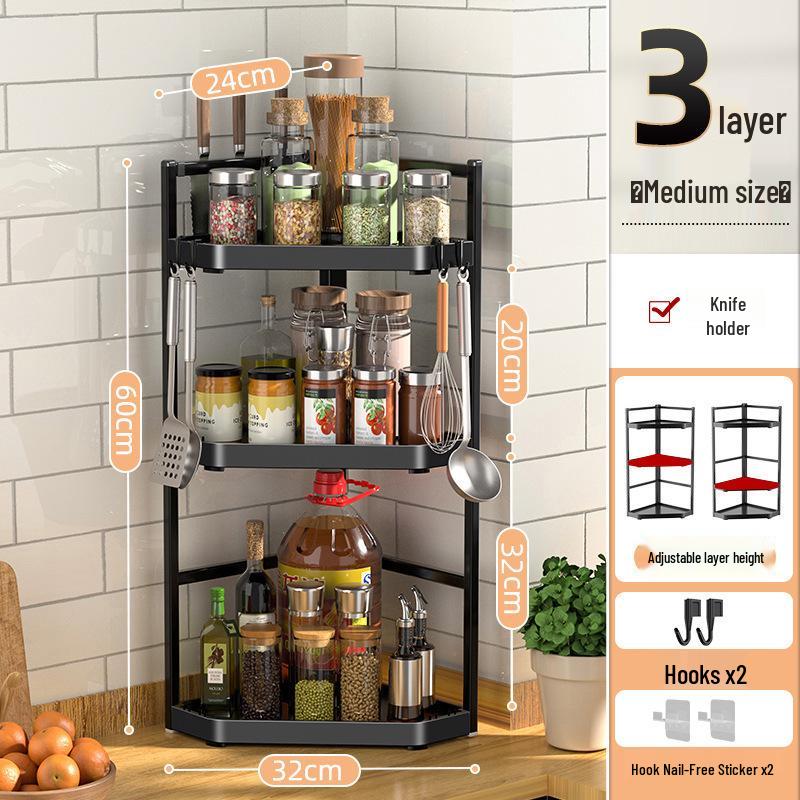 Corner Wall-Mounted Kitchen Spice Rack - No-Drill, Triangle Design for Countertop and Pendant Storage.