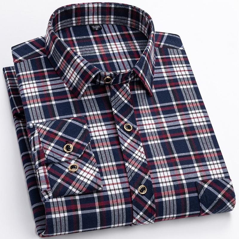 M-6XL Men's Pure Cotton Flannel Shirts Long Sleeve Single Pocket Casual Plaid Thick Soft Cozy Brushed Shirts Blouse Men Clothing
