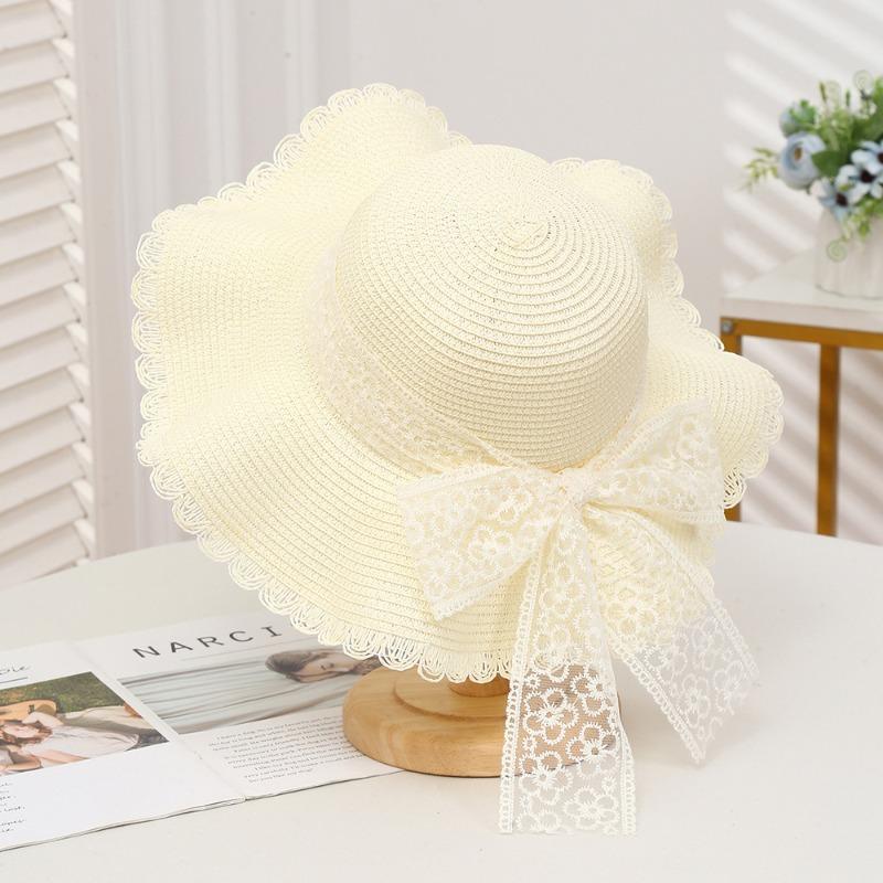 Summer Bow Sun Hat Female, Seaside Beach Vacation Sun Hat Outdoor Big Brim Sun Hat Sweet Straw Hat