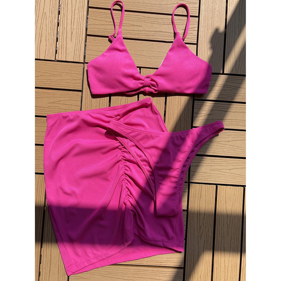 

3 шт. в рубчик с юбкой, мягкий бикини, женский купальник, женские купальники, комплект бикини из трех предметов, купальный костюм, купальный костюм для женщин L розовый