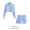 Kaslead New Arrival Women's Clothing Fashion Style Fashion Contrast Color Long Sleeves Stripes Short Shirt Casual Shorts