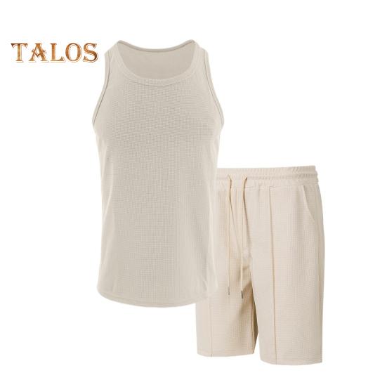 2 stk/sett Herre Sportsklær Vaffelstoff Ensfarget O-hals Ermeløs Vest Elastisk Midje Vide Ben Shorts Dress Fritidsklær