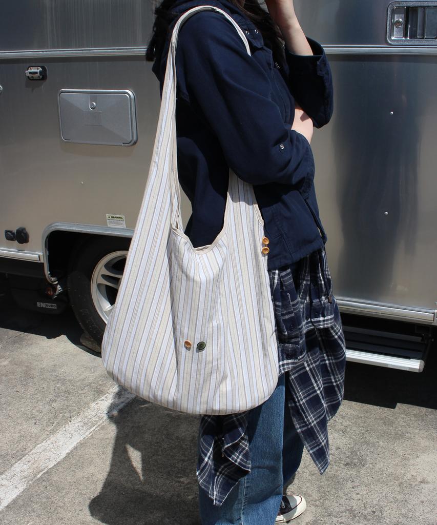 Pmco Striped Button Packable Shoulder Bag (Beige)