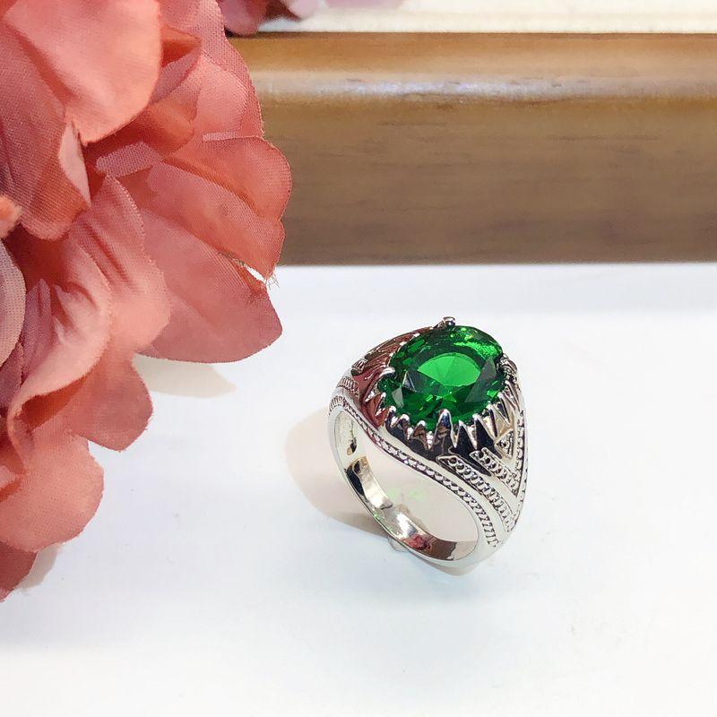 Yg European and American New Style Emerald Ring, Vintage Thai Silver Style Green Gemstone Men's Ring