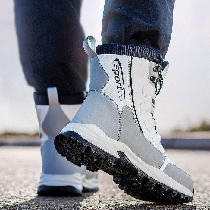 Trendy Men's Thickened Non-slip Waterproof Knee-high Winter Cotton Boots with Velvet & Leather Surface.