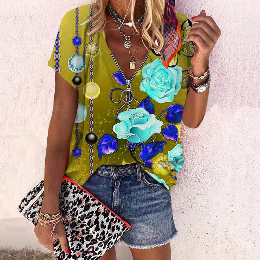 

Женский топ, летний новый модный топ с яркими цветами и принтом розы, повседневный топ на молнии с v-образным вырезом и короткими рукавами 8XL жёлтый
