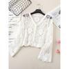 Fashion V-neck Single Breasted Crocheted Flower Cut Out Knitting Cardigan Outer Long-Sleeves Air Conditioning Shirt Sun Protection Clothing for Women