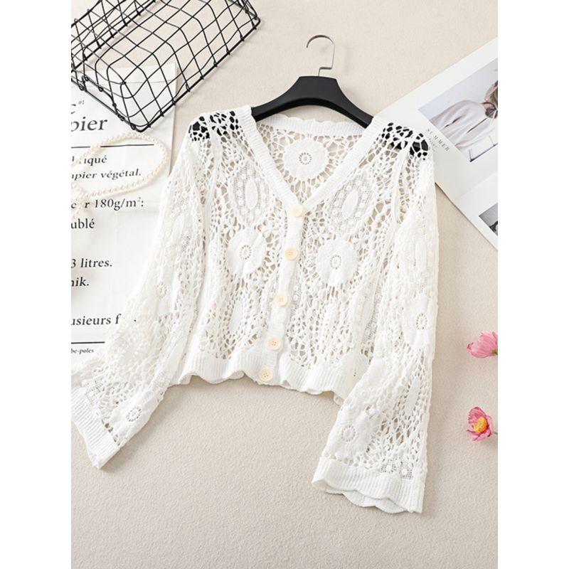 Fashion V-neck Single Breasted Crocheted Flower Cut Out Knitting Cardigan Outer Long-Sleeves Air Conditioning Shirt Sun Protection Clothing for Women