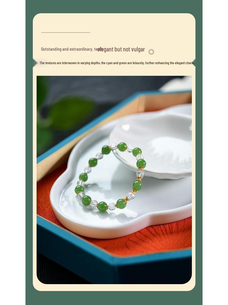 Fresh Natural Hetian Jade & White Crystal Bracelet with 925 Silver Spacers